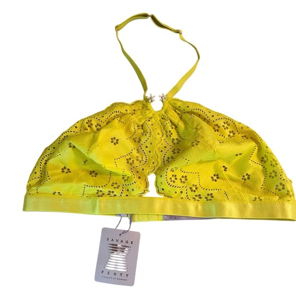 Savage X Fenty Women's Size 1X Bombshell Broderie Lace Halter Bralette Yellow - Picture 2 of 12